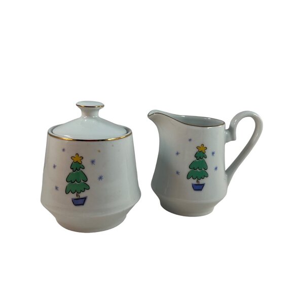 Merry Brite Sugar Bowl Creamer Set Christmas Tree Merry Christmas - Picture 1 of 11